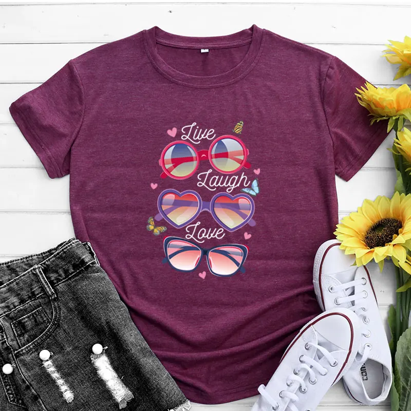 

Women's Casual Loose ort Sve T-irt Summer Faion Sunglasses Print Street Sle Cotton Blend round Ne Top