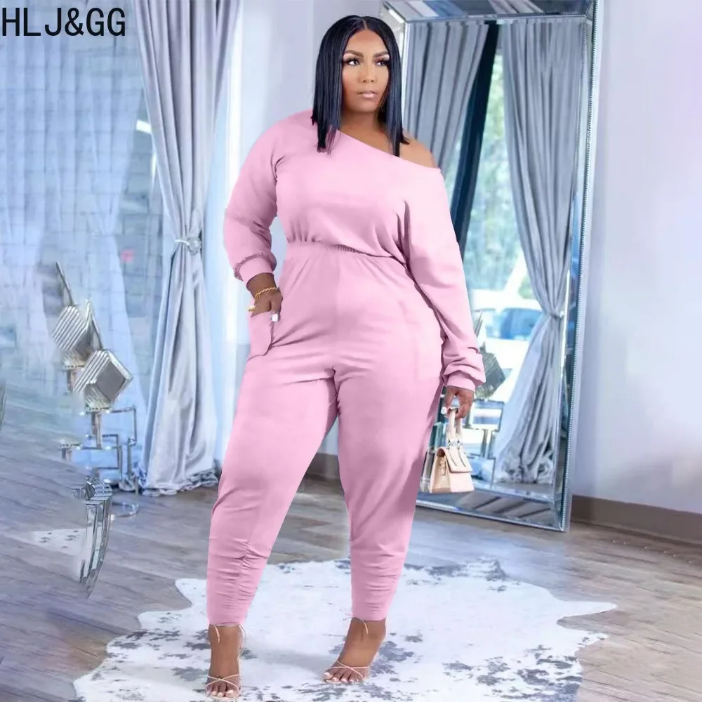 HLJ&GG Autumn Casual One Shoulder Long Sleeve Top And Jogger Pants Two Piece Sets Women Solid Color Matching Sporty 2pcs Outfits