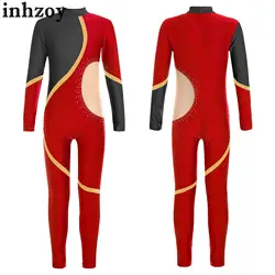 Kids Girls Ballet Gymnastics Acrobatics Leotard Figure Skating Dance Performance Jumpsuit Long Sleeve Shiny Rhinestones Bodysuit