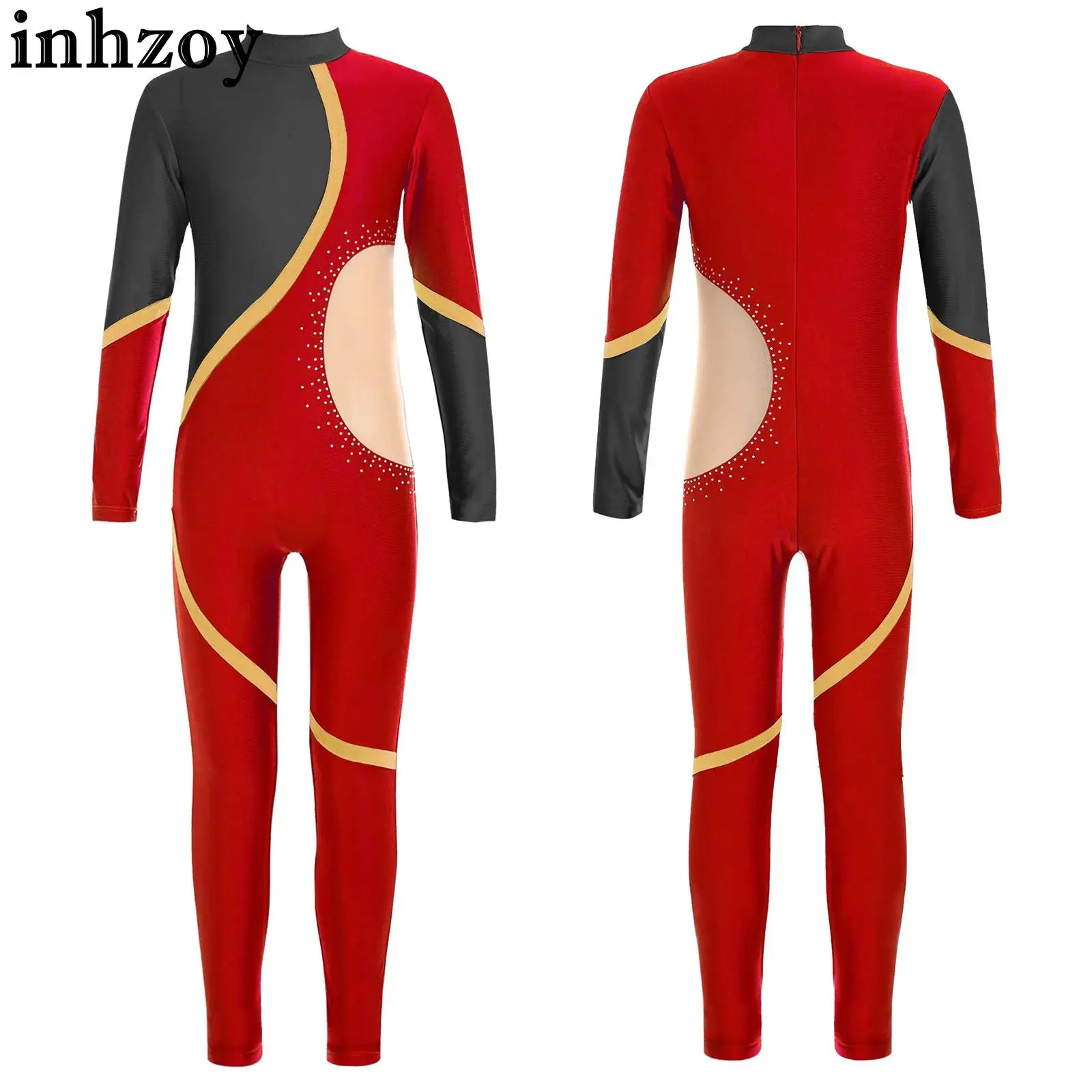 Kids Girls Ballet Gymnastics Acrobatics Leotard Figure Skating Dance Performance Jumpsuit Long Sleeve Shiny Rhinestones Bodysuit