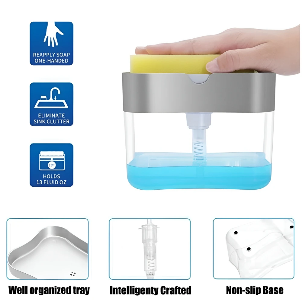 Portable Detergent Dispenser Set for Kitchen Dish Soap Box with Sponge Holder Hand Press Liquid Dispensing Kitchen Tools