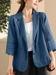 ZANZEA Fashion Women Cotton Blazer Autumn Lapel Neck 3/4 Sleeve Solid Outwear Casual Work Suits Jackets Loose Thin Coat Chaqueta