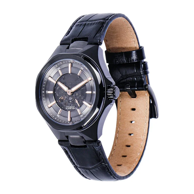 

Black Dial Leather Strap Premium Watch Imported Automatic Movement Custom Mechanical Watch Personalized Odm Watch