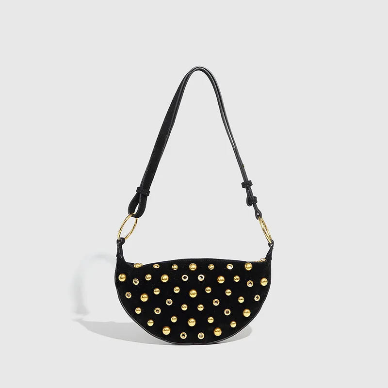 

Designer Studded Shoulder Rivet Crescent Bag New Women's Metal Underarm High-end Retro Rivet Polka Dot Shoulder Bag