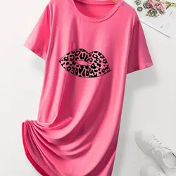Sexy Lips Print Women's Home Nightgown Plus Size High Stretch Dress Loose Halter Street Sexy Dresses