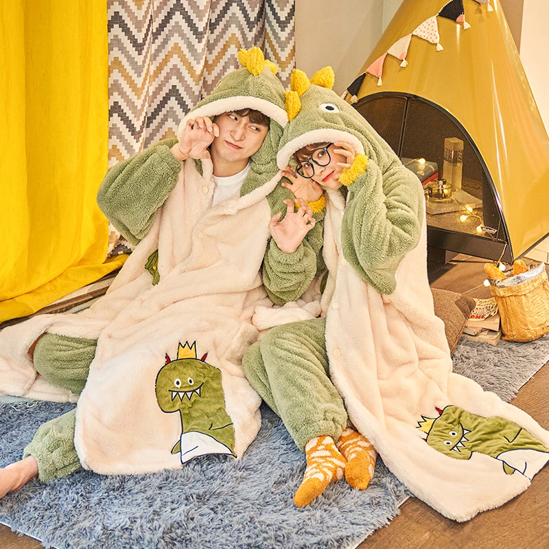 Couples Night-robe Women Men Pajamas Winter Thicken Nightgown Sleepwear Kawaii Crocodile Hooded Pijama With Pants Night Gown