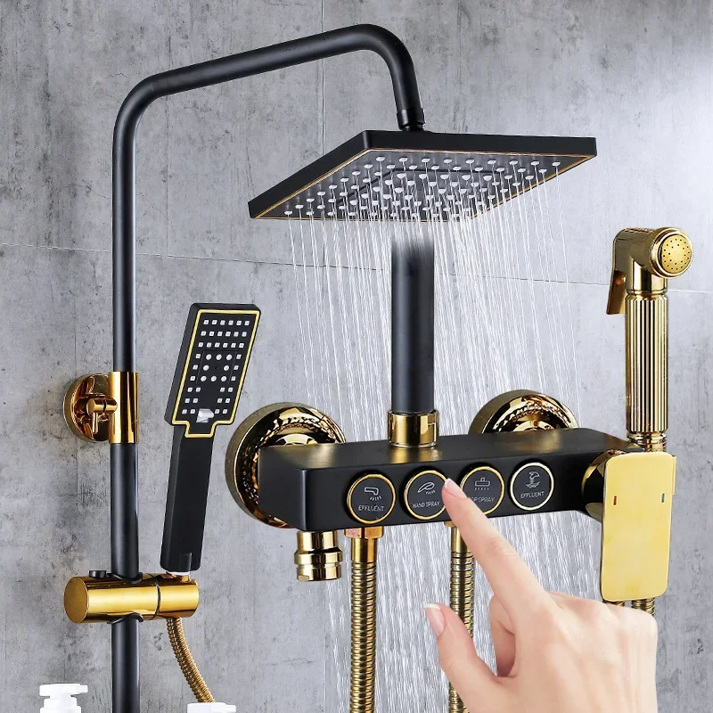 Premium Space Aluminum Shower System with Gold 4 Function Shower Set Wall Mounted Bathroom Shower Tap