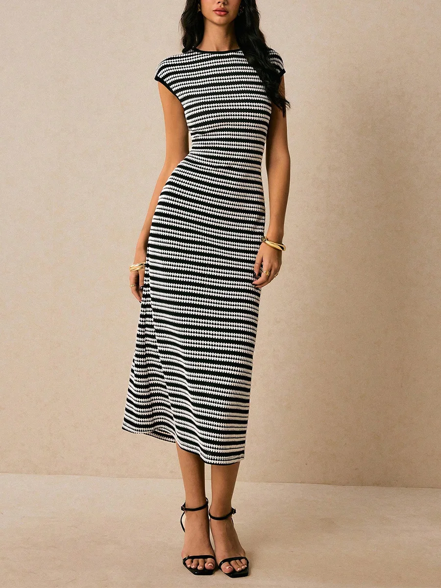 

2026 Summer New Stripe Knitted Dress Sleeveless Slim One Step Skirt Medium Long Women's Fashion Elegant temperament Dress