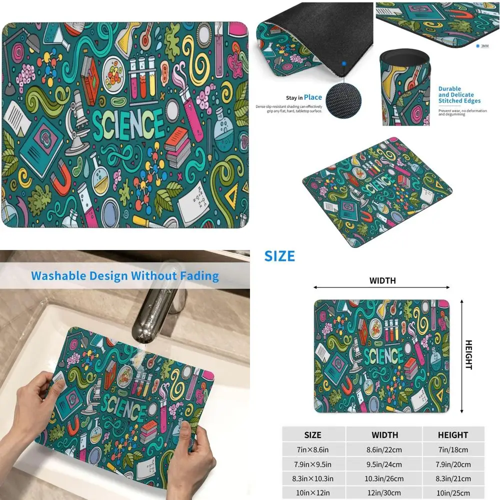 

Коврик для игровой мыши с мультяшной научной тематикой, 7,9 x 9,5 дюймов, с противоскользящим резиновым основанием и прошитыми краями