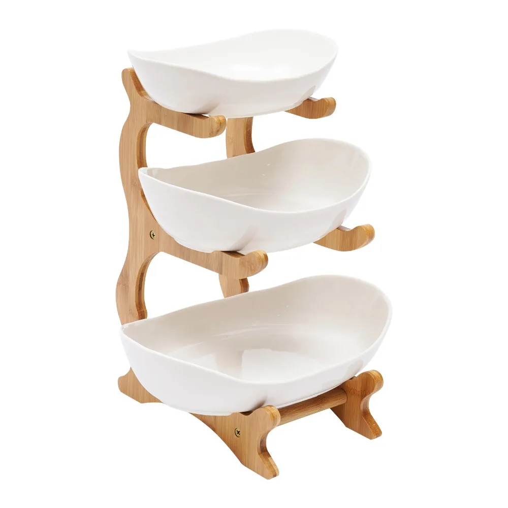 

3 Tier Ceramic Fruit Bowl +Bamboo Wood Stand for Kitchen Counter, Porcelain Fruit Basket for Vegetable, Snack Dessert Cake Tray