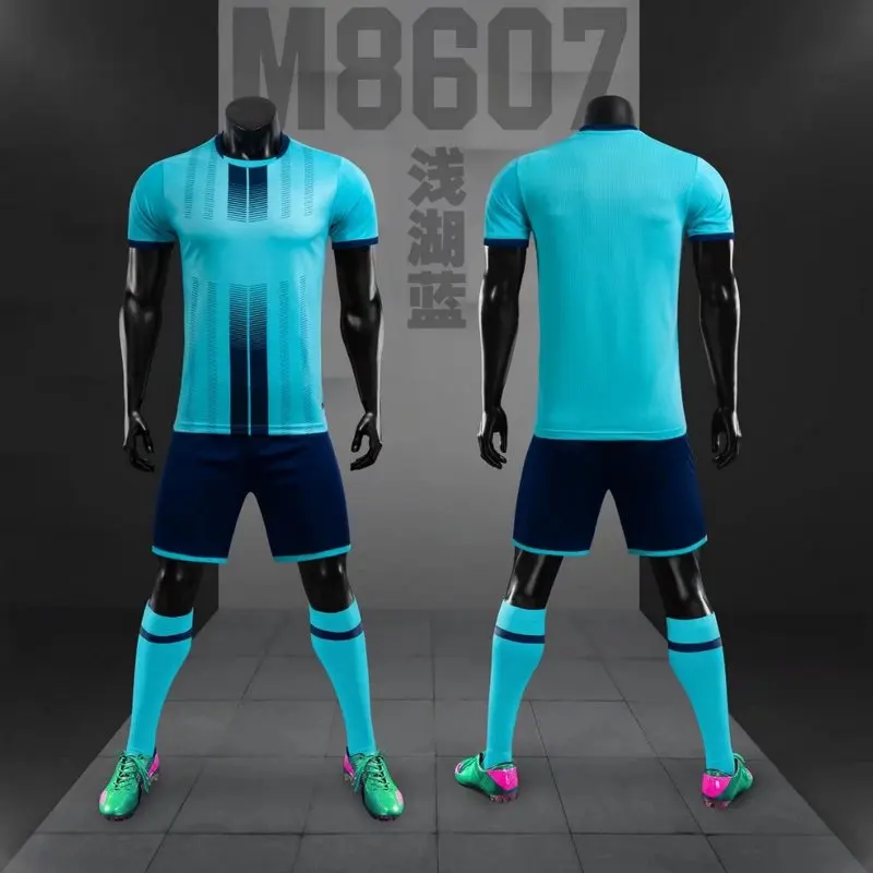 Summer brand football wear blue red white jersey custom short-sleeved T-shirt shorts set  8607