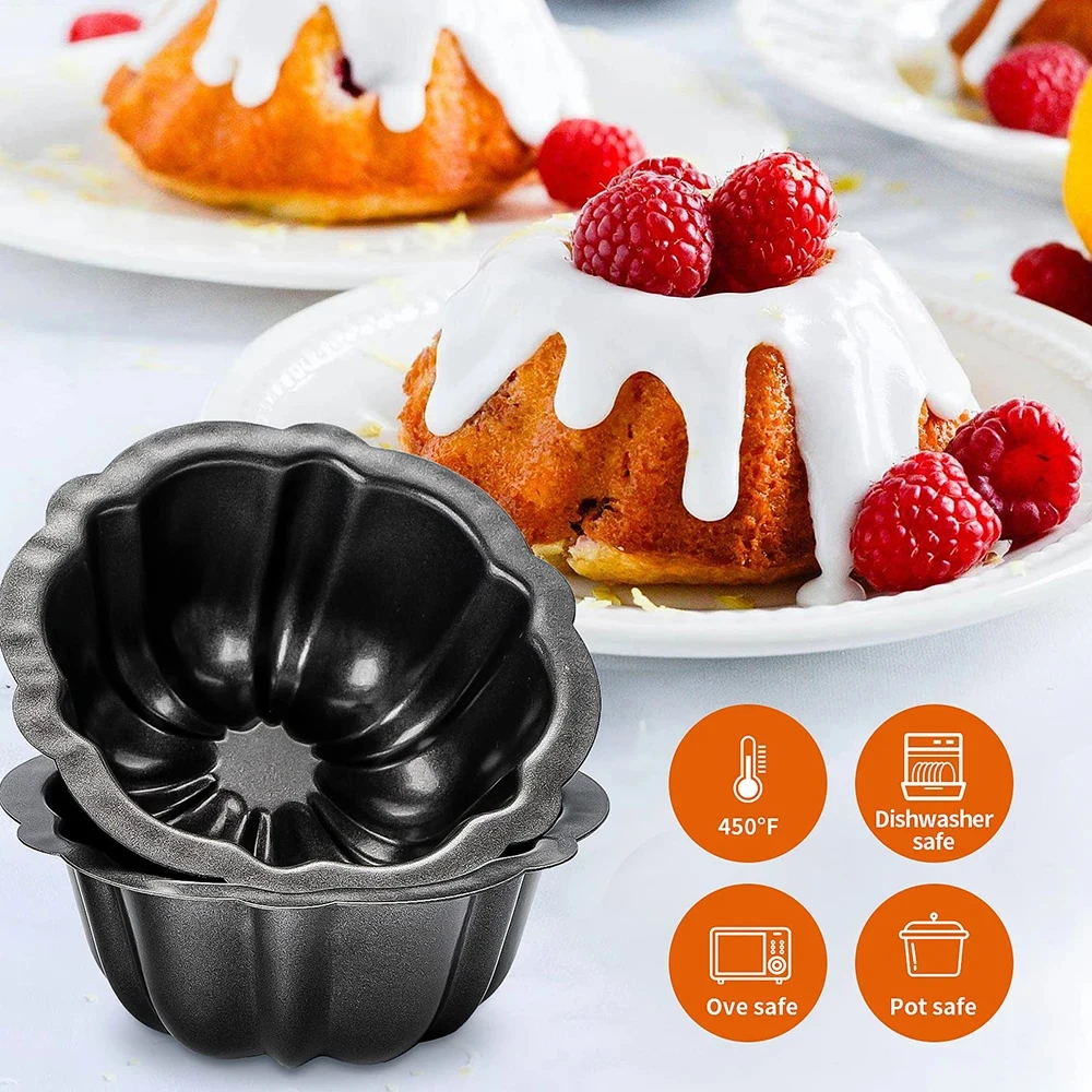 4/12PCS 4inch Mini Cake Pan Nonstick Fluted Baking Mold Carbon Steel Flower Shape Tube Pan for Brownie Cupcake Pudding Muffin