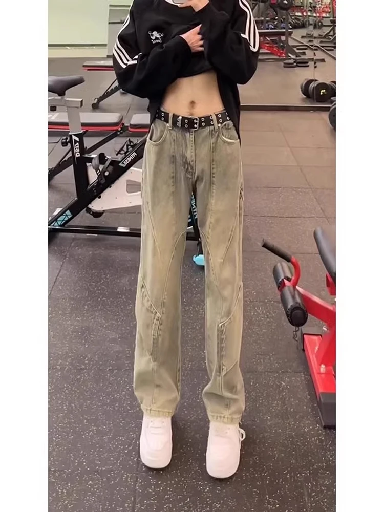 

Deconstructed Straight Leg Men's Jeans High Waist Lifted Cement Yellow Mud Color American Retro Vibe Long Pants Youth Faion