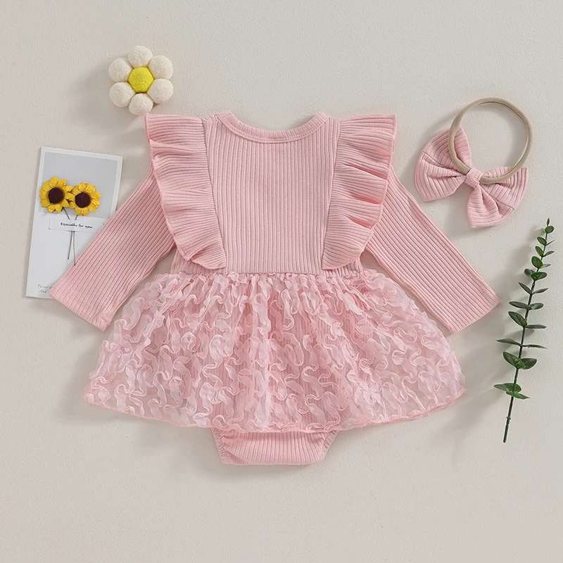 

Infant Baby Girls Bodysuit Dress Long Sleeve Bowknot Lace Layered Tulle Skirt Hem Headband Spring Clothes