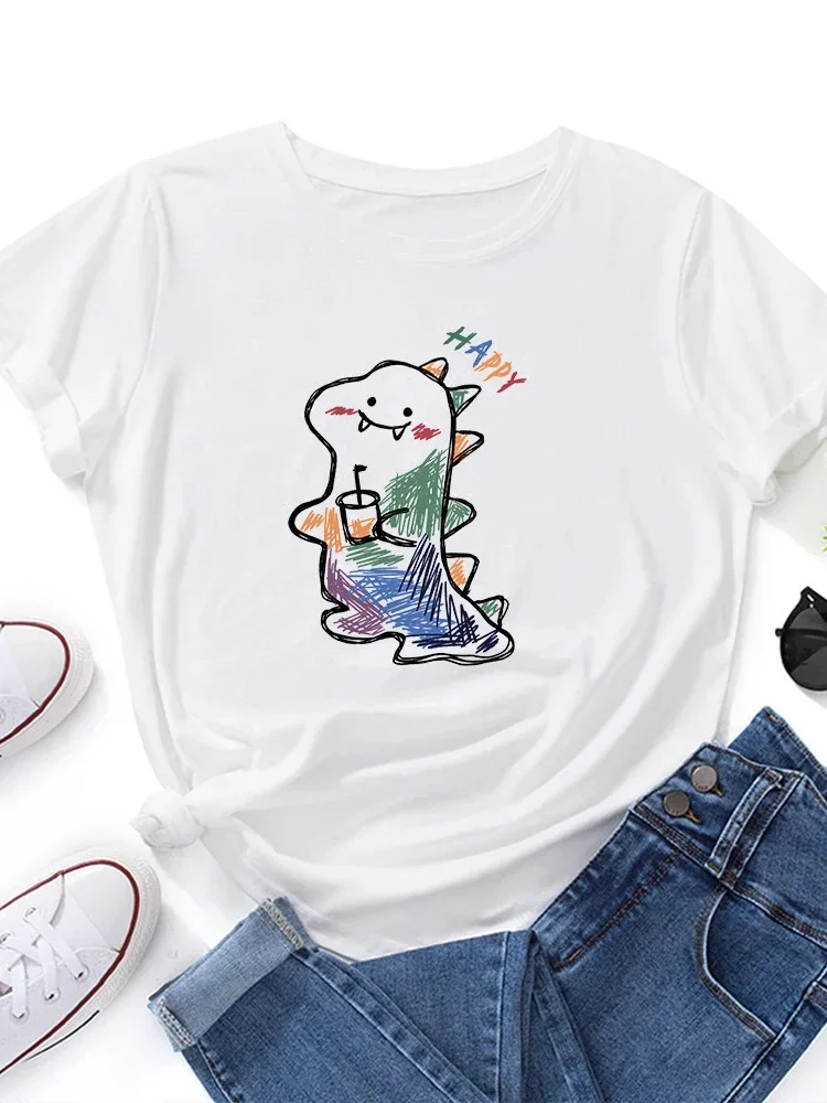 Cartoon Dinosaur Print Women T Shirt Short Sleeve O Neck Loose Women Tshirt Ladies Tee Shirt Tops Camisetas Mujer