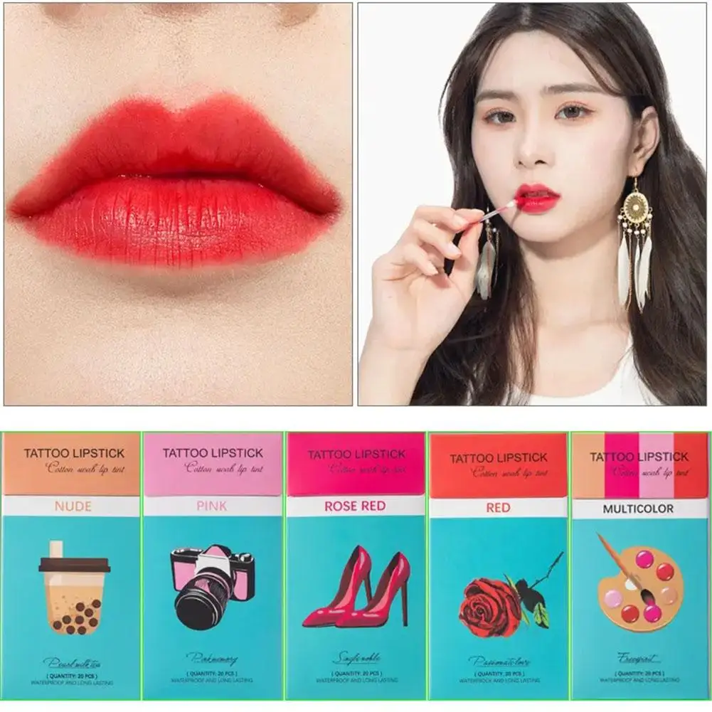 20cs/Set Liquid Lipstick Non-Stick Cigarette Tattoo Waterproof Gloss Design Moisturizing Makeup Portable Cotton Korean Lip U0N3