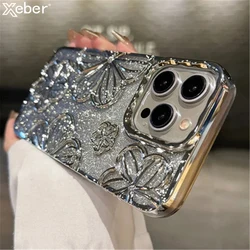 Plating Clear Bling Glitter Gradient Flowers Phone Case For iPhone 17 16 15 11 12 13 14 Pro Max Soft Silicone Shockproof Cover