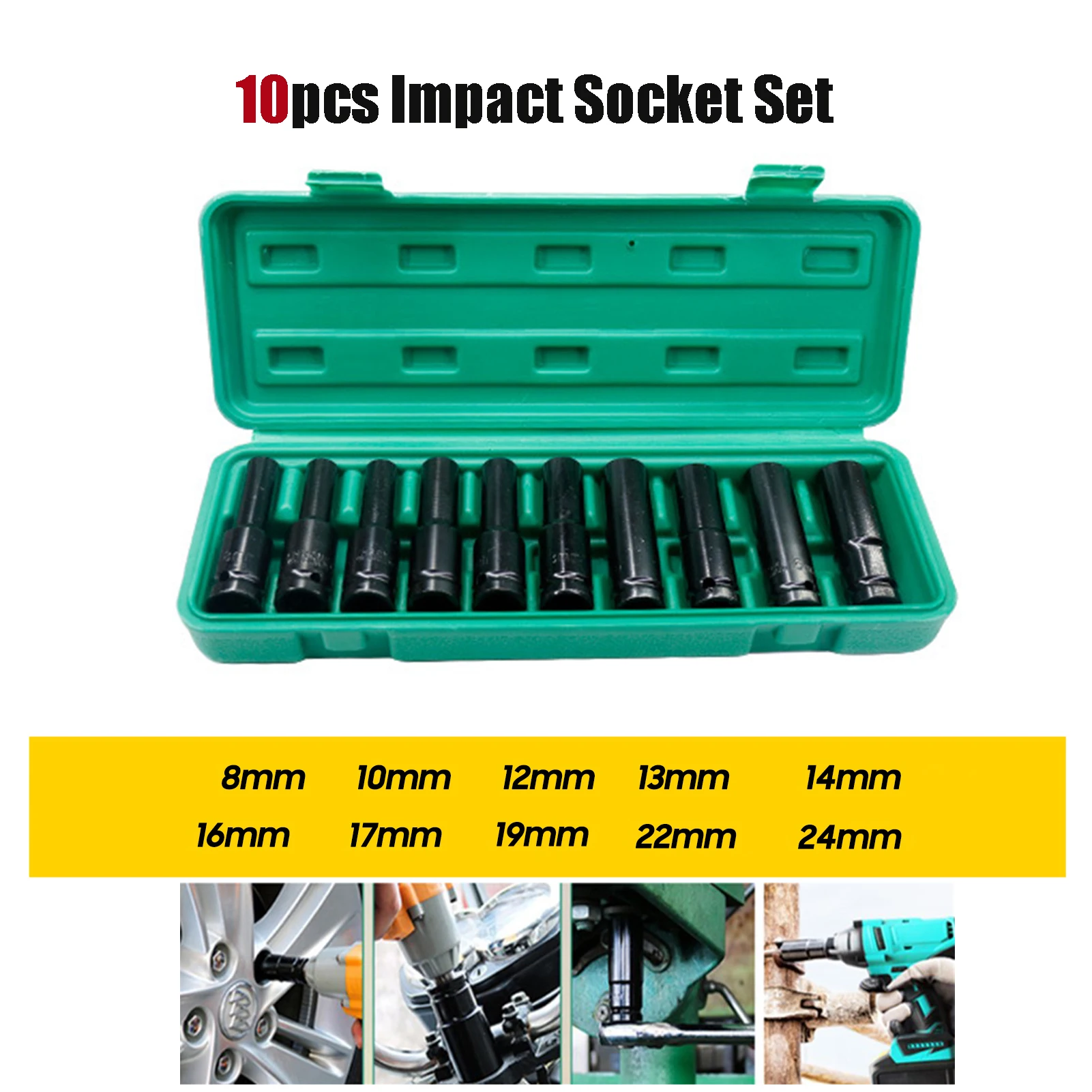 

10pcs 8-24mm 1/2" Drive Deep Impact Socket Set Heavy Meter Garage Tool Fit Wrench Adapter Hand Tool Set (Size : 8-24mm)