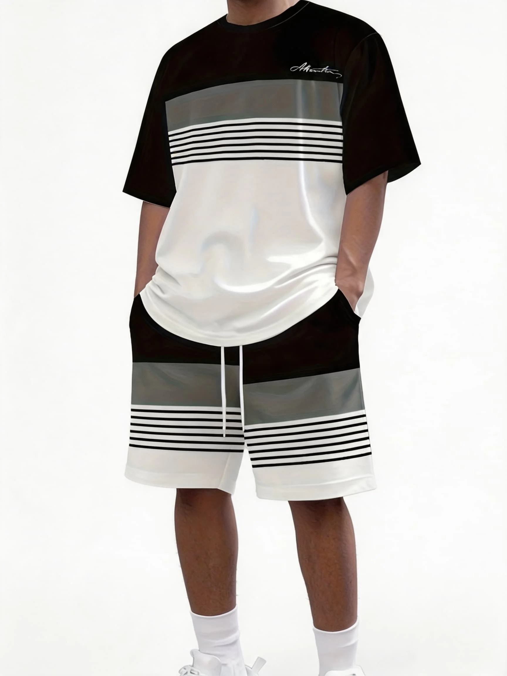 Conjunto Casual de Verão para Homens com Camiseta de Gola Redonda e Calças Curtas, Secagem Rápida, Conjunto de 2 Peças