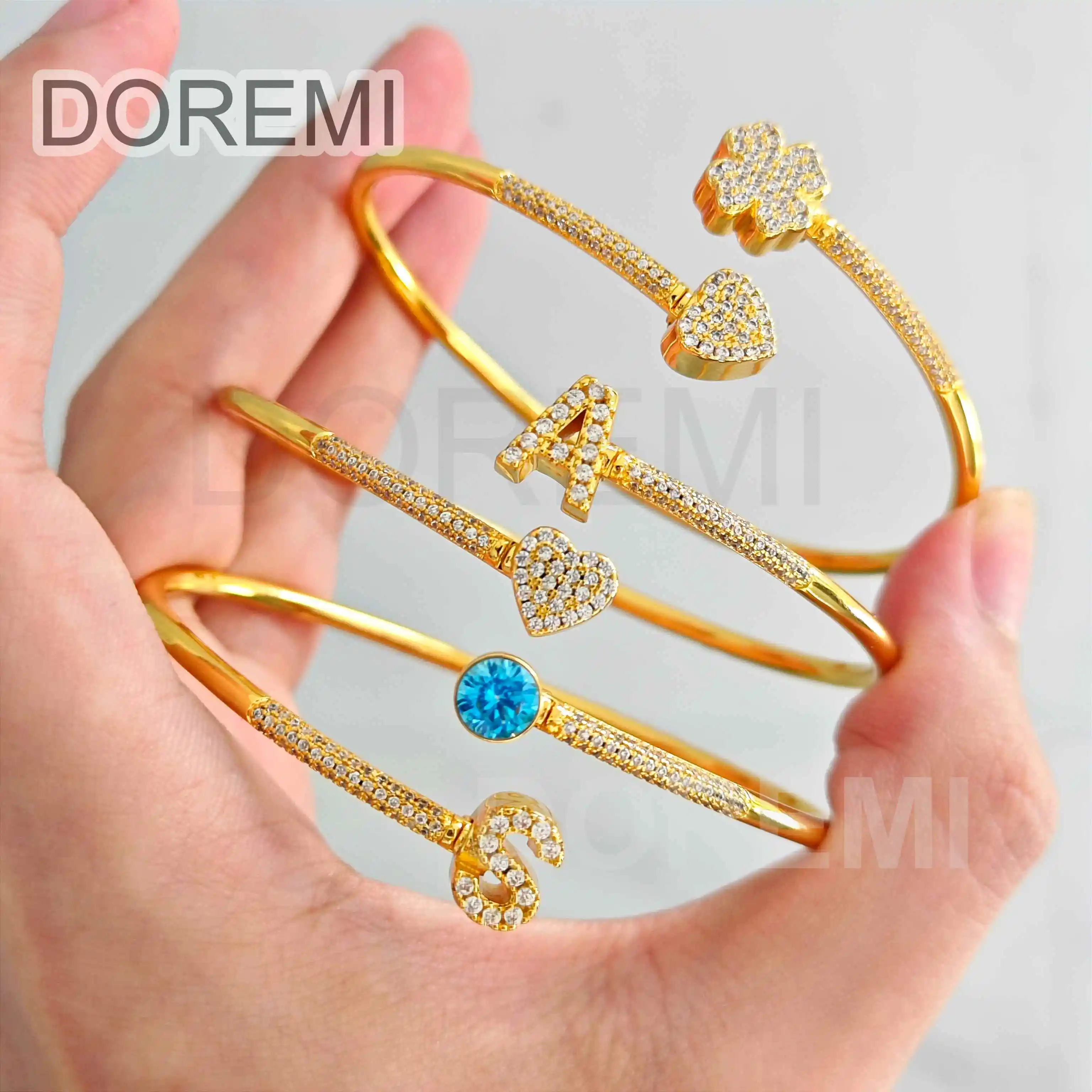 DOREMI Ready To Ship Stagger Bangle Initial Letter Bracelet Gift Jewelry Full Crystal Birthstone Charms Heart Sprial Bangles