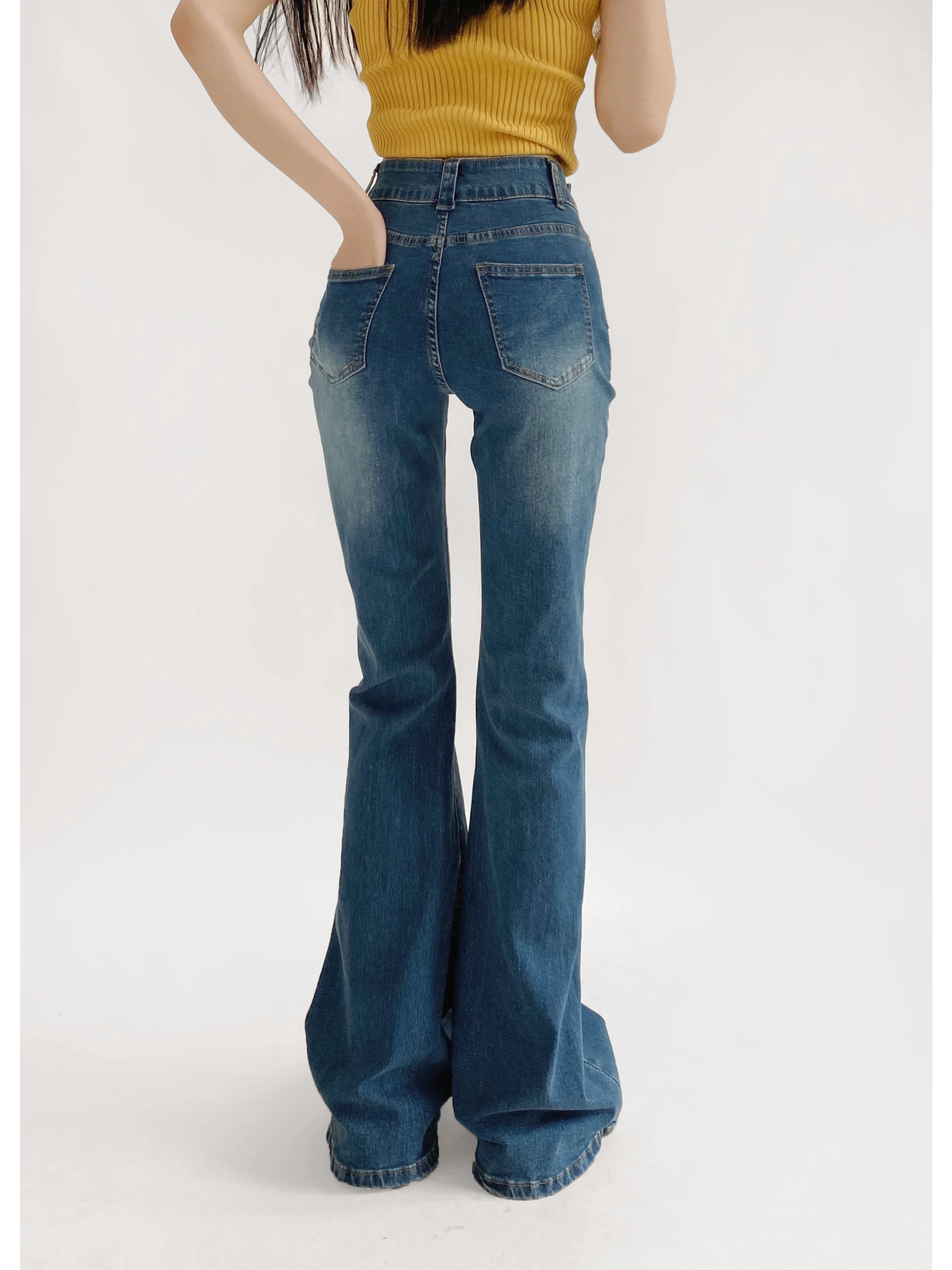 Pantalon en Denim élastique taille haute, rétro américain, Sexy, Slim, évasé, Vintage, Sle Bla ey, contrôle du ventre, Long, tendance