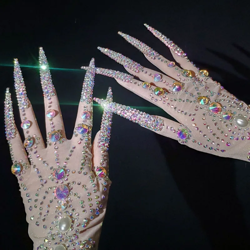 Luxurious AB Rhinestones Pearls Plus Length Nails Gloves Women Fashion Drag Queen Outfit Nightclub Stage Performance Accessories