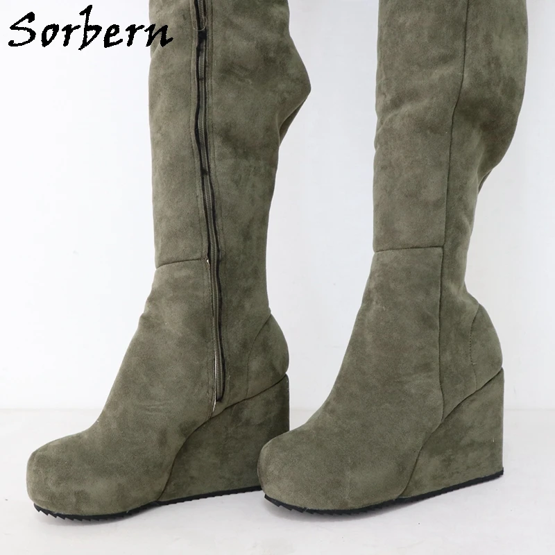 Sorbern Army Green 97Cm Boots Women Super Long Fetish Wedge Heels Boot Platform Full Zipper Up Thick Plush For Winter