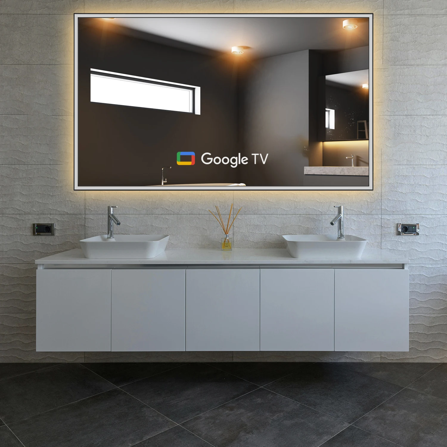 تلفزيون مرآة ذكي 43 بوصة مع ضوء 4K UHD شاشة تلفزيون مقاوم للماء Goo-gle مساعد التحكم الصوتي DTV موالف فندق ماكياج