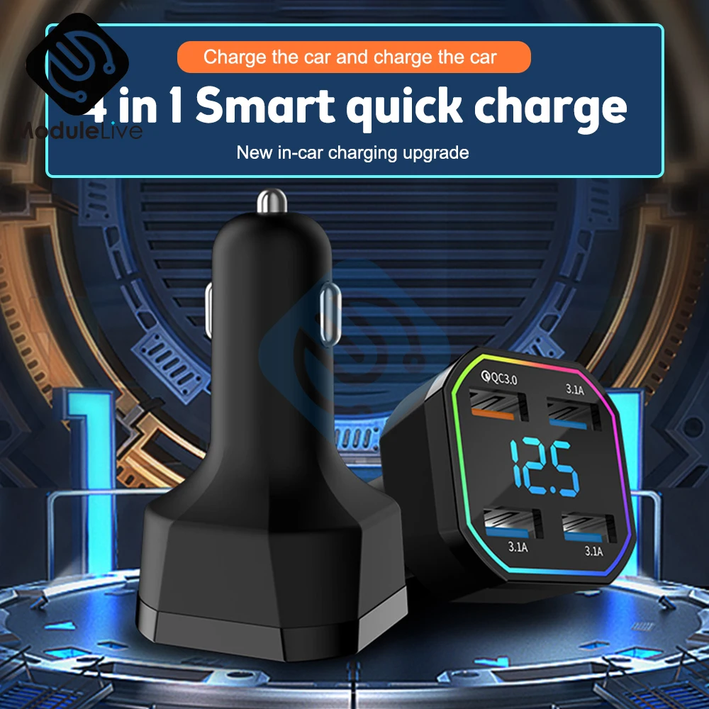 20W 4 Ports USB Car Charger Fast Charging PD Quick Charge QC 3.0 3.1A USB C  Car Phone Charger Adapter LED Voltmeter DC 12V 24V