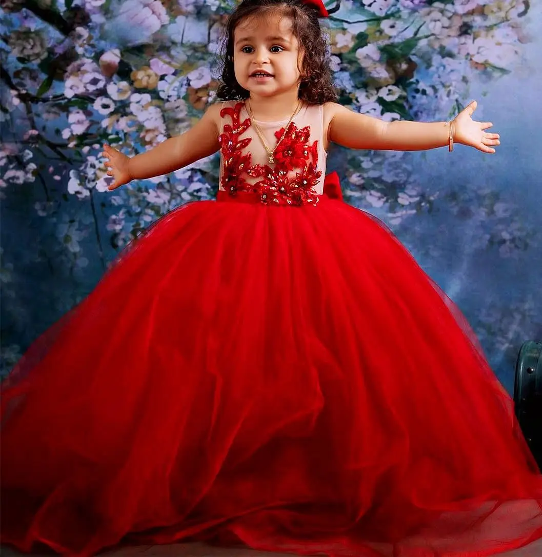 EVLAST Red Lace Crystals Flower Girl Dress per matrimoni abito da ballo in cristallo con perline Tulle lilltle Kids Birthday Pageant Gown TFD031