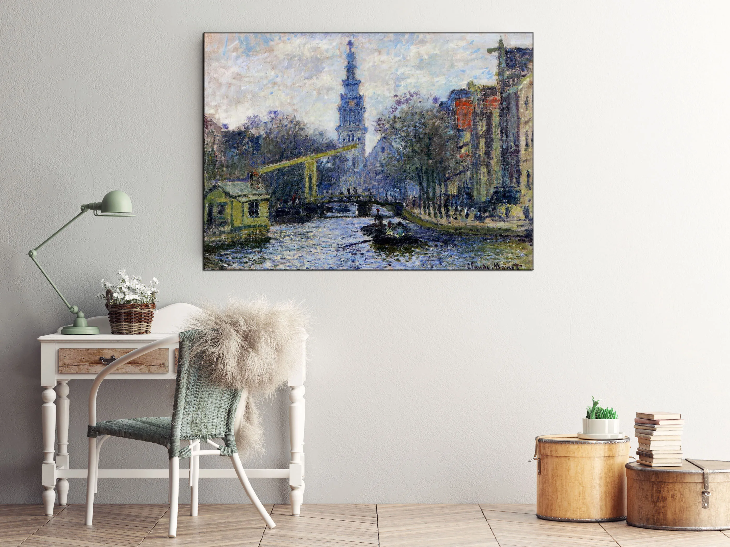High‑Quality 100% Hand‑Painted landscape oil‑painting reproduction on linen canvas, Canal in Amsterdam by Claude Monet. Handmade