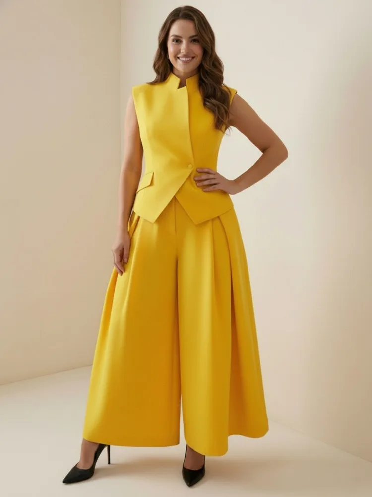 Pantalon large plissé taille haute jaune pour femme Yeezzi 2026, couleur unie, décontracté, pour le bureau, avec fermeture éclair