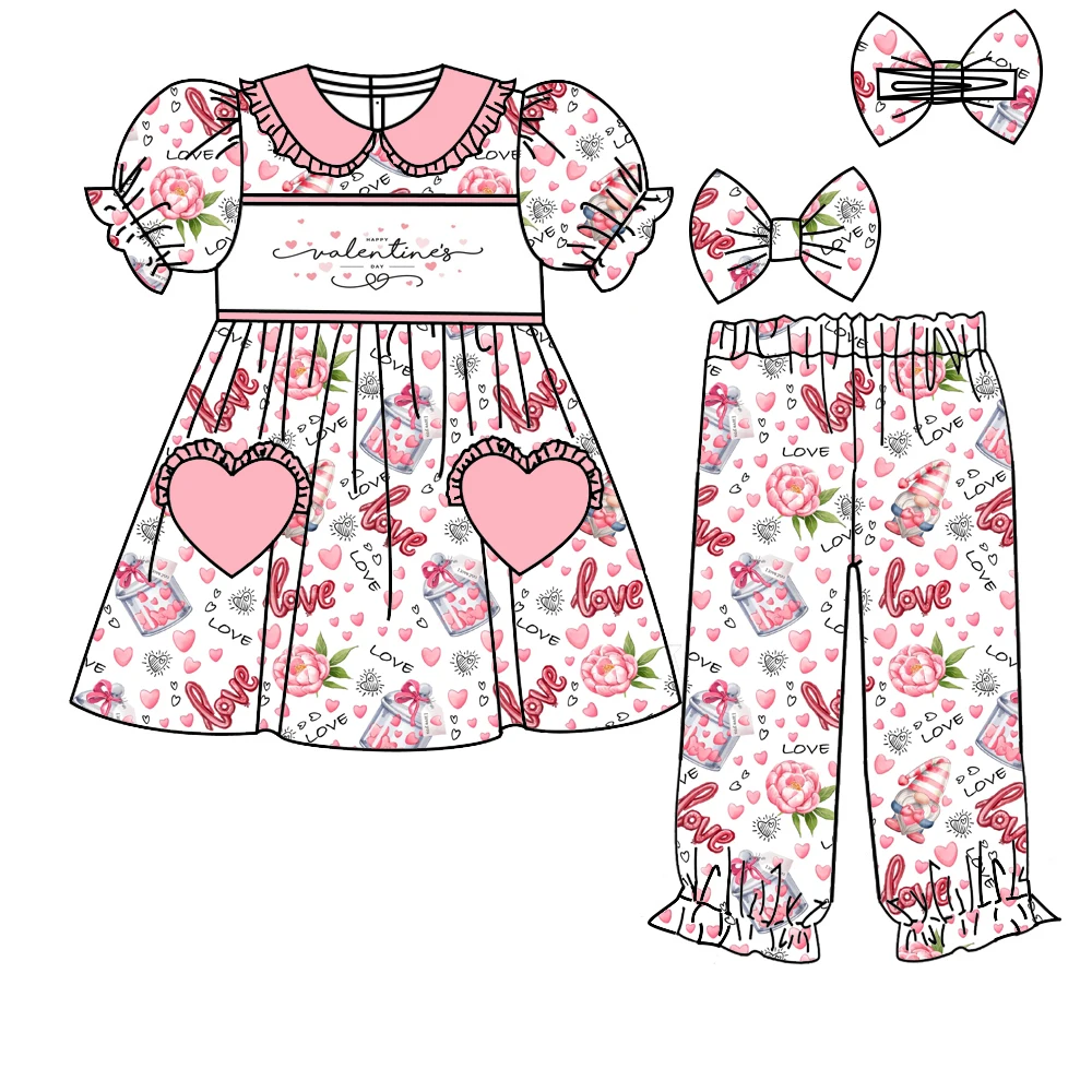 Dia dos namorados boutique terno infantil de manga curta elástico flor coração impressão calças menina terno roupas de bebê