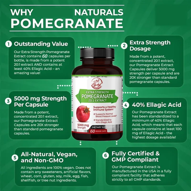 Pomegranate 20:1 extract,5000 MG strength, 40% folic acid, 60 vegetarian capsules, 1 month supply, concentrated 20 times extract