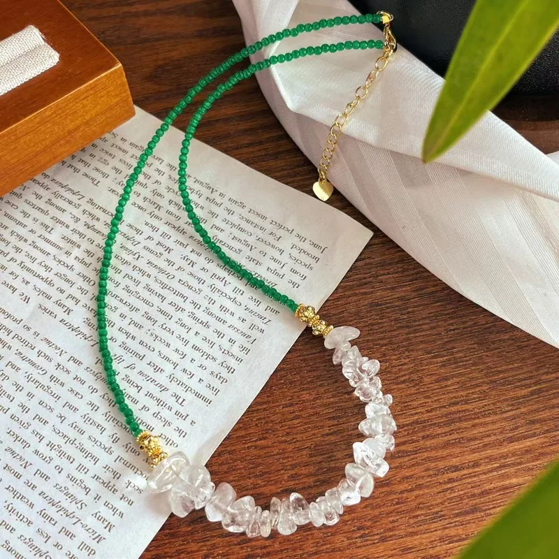 Summer Crushed Ice - A personal favorite of the shop owner: natural white crystal chips and artificial green cat's eye necklace,
