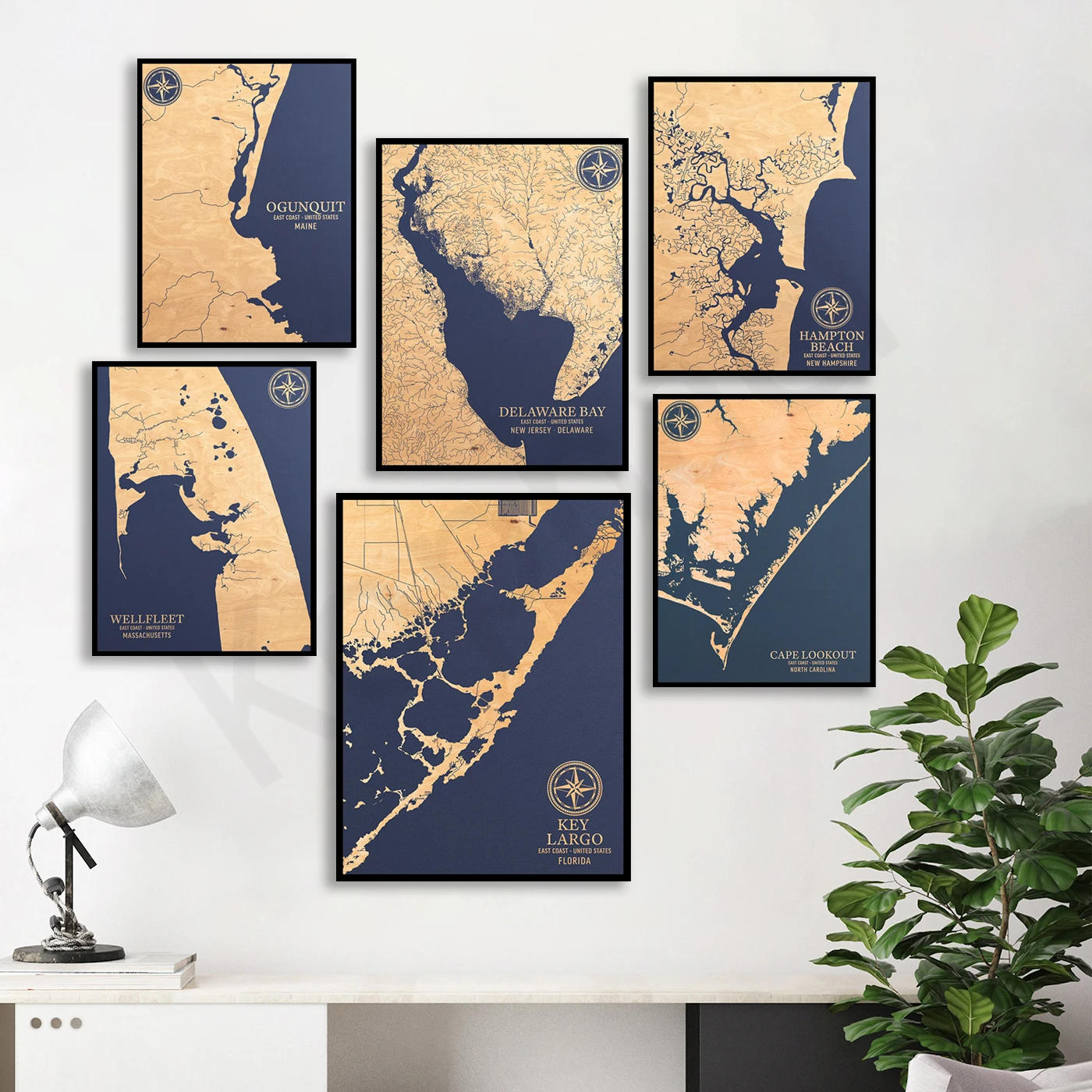 Matracha, Willapa Bay, Key Largo, Ogunquit, Delaware Bay, Hamptons, Wellfleet Harbor, Caplookaut. Cities Nautical Map Poster