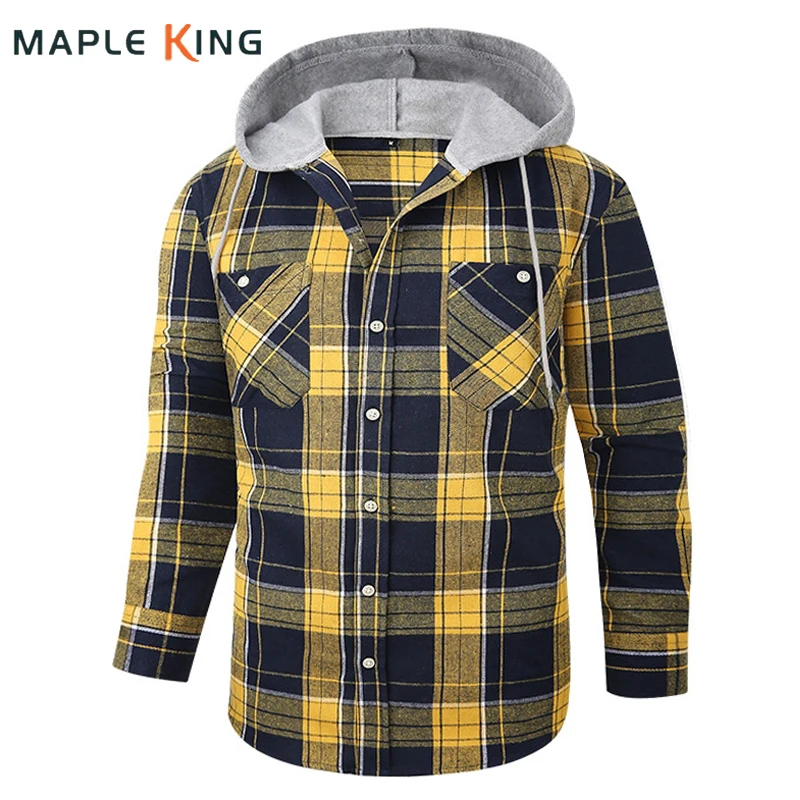 Vintage Flannel Plaid Hooded Shirts for Men Long Sleeve Hip Hop Streetwear 2024 Double Pockets Designer Mens Loose Checked Shirt