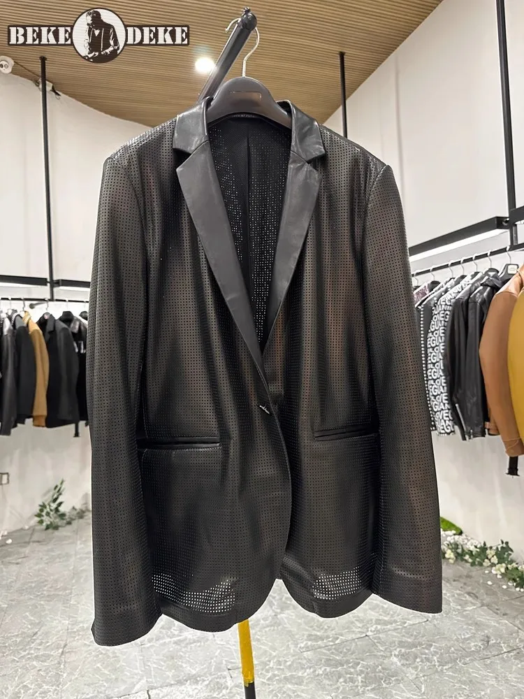 Designer Fashion Hollow Out Mens Genuine Leather Blazers Single Breasted High Quality Solid Color Real Sheepskin Suit Jacket