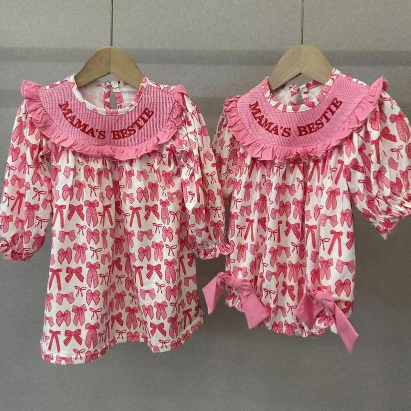 

GLD0990 Summer Boutique baby girls dresses Embroidered mama bow pattern pink long sleeve dress Wholesale kids clothes girl