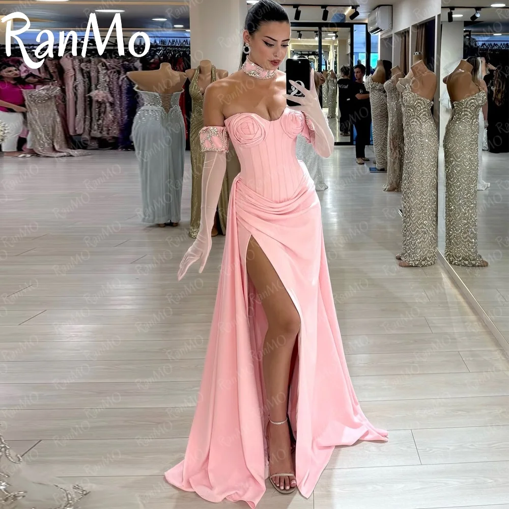 Ranmo-vestido de noche Formal de sirena rosa, vestido de fiesta plisado con horquilla lateral y flores, guantes con cuentas, vestidos de graduación personalizados, 2025