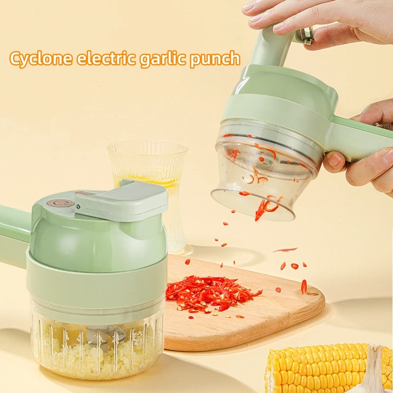 4 In 1 Handheld Electric Vegetable Cutter Set Multifunctional Durable Chili Vegetable Crusher Ginger Masher Machine Kitchen Tool