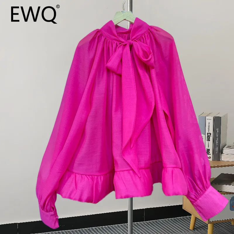 EWQ Korean Sweet Chic Lace-up Design Pullover Blouse Long Sleeve Patchwork Loose Casual Women Shirts 2025 Spring New 27X1985