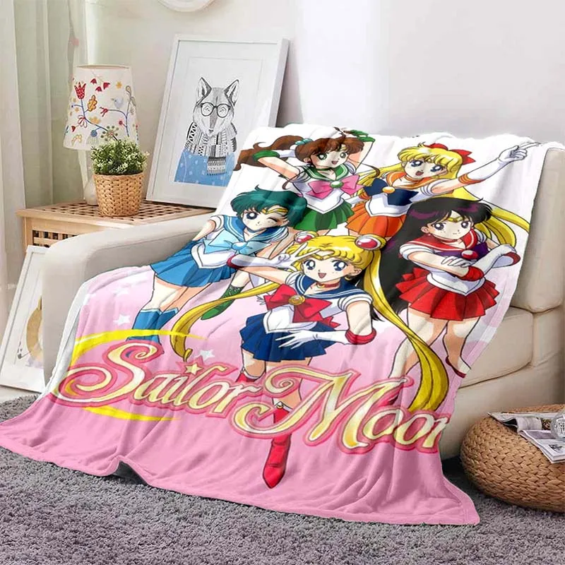 HD S-Sailor M-Moon Flannel Throw Blanket 3D Cartoon Print Soft Warm Lightweight Sofa Bed Cover Girls Bedroom Travel Decor Gift