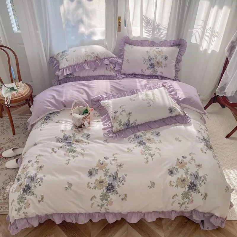 

100% Cotton Soft Gardenia Printing Purple Bedding Set Rural Flowers Ruffles Twin Double Girls Duvet Cover Bed Sheet Pillowcases