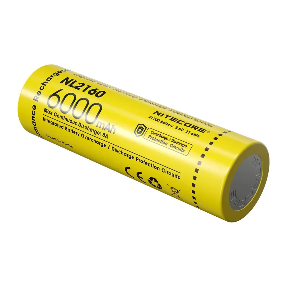 Original NITECORE NL2160 6000mAh 8A 3.6V 21.6Wh 21700 Protected Li-ion ButtonTop Rechargeable Battery IPX6 Rating Outdoor 1Piece