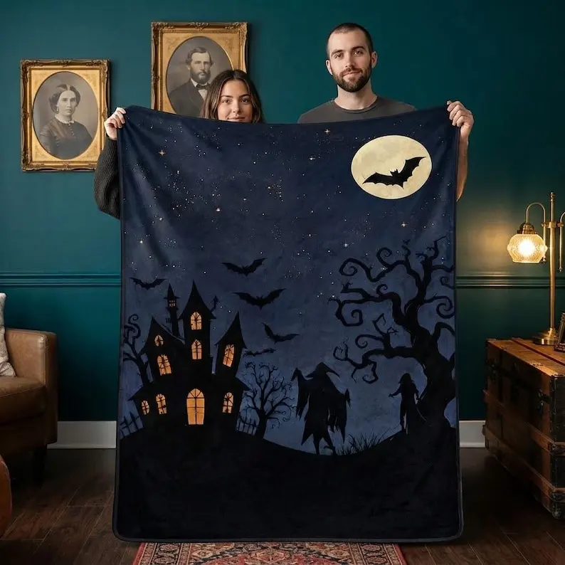 Haunted House Fleece Blanket, Spooky Witch Moon Throw, Gothic Halloween Decor, Horror Lover Gift, Fall Home Decor