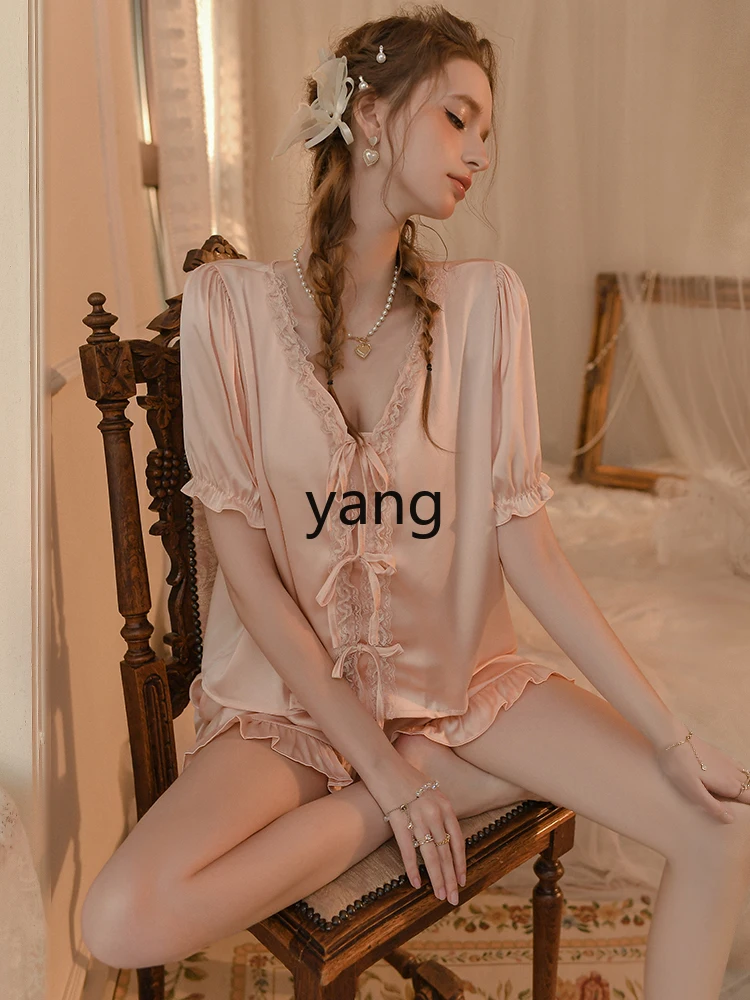 LMM summer thin loungewear set ice silk short-sleeved pajamas two-piece set