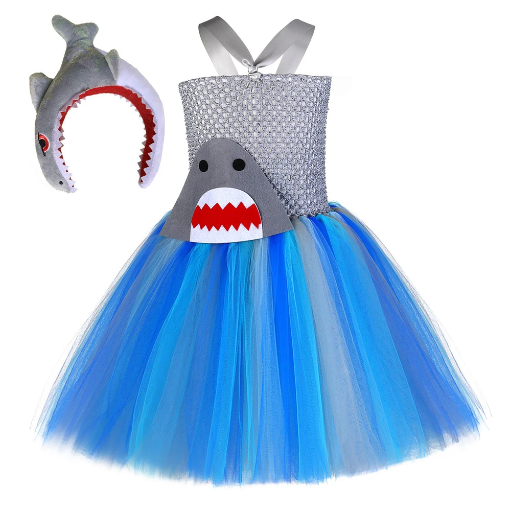 

Girls Shark Tutu Dress Costume Ocean Themed Birthday Party Tulle Dresses Toddler Girl Photo Prop Halloween Fish Dress Up