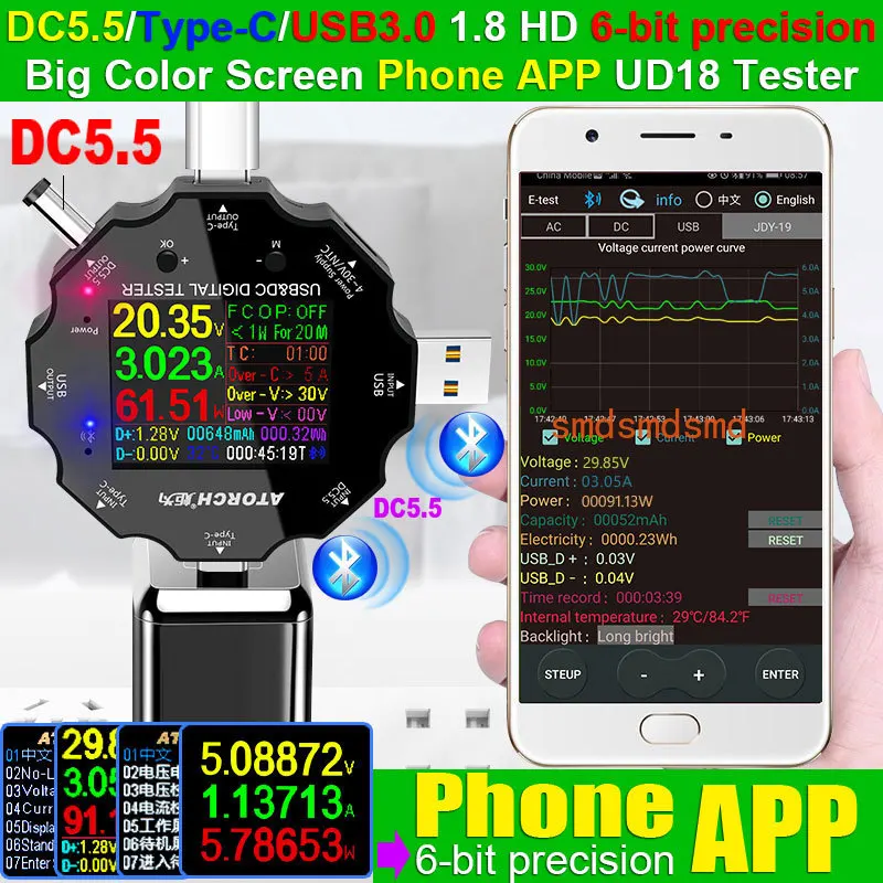 DC5.5 USB tester  DC digital voltmeter power bank charger voltage current ammeter detector QC/PD3.0 meter 18 in 1 + 65W load