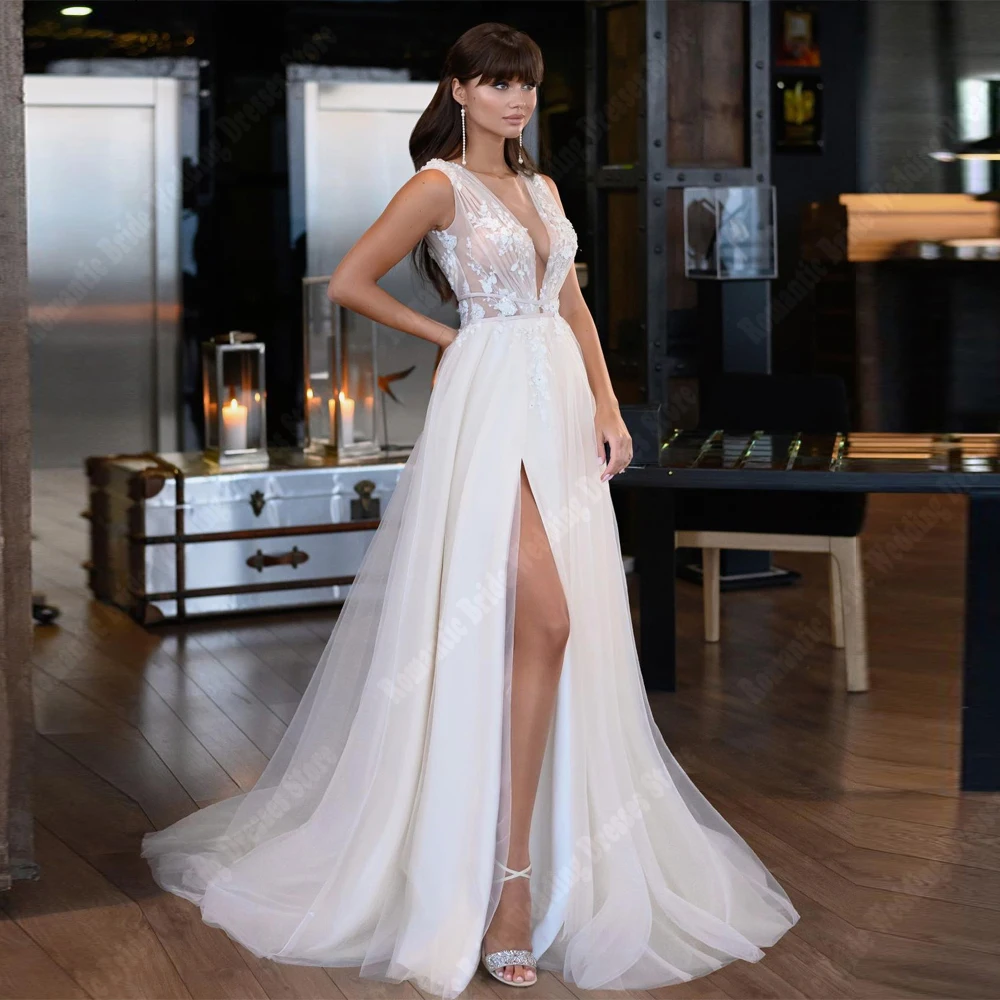 

Sexy V-Neck Women Wedding Dresses Fascinating A-Line Tulle Bridal Gowns Mopping Length Princess Ball Vestido De Novia Customized